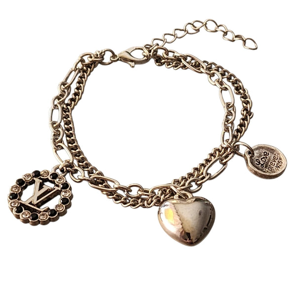 Charm Bracelet w/LV Rhinestone Charm, 925 Silver Charm, & Puff Heart in Silver
