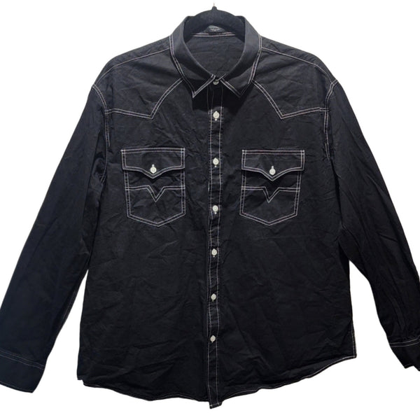Jesus Saves Custom Christian Upcycled Black Long Sleeve Western Shirt with White Stitching, XL