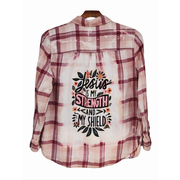 Jesus Is My Strength & My Shield  Repurposed Christian Theme Plaid Shirt, 12