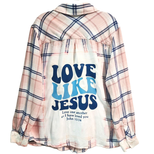 Love Like Jesus Custom Upcycled Plaid Button-Down Shirt, XL