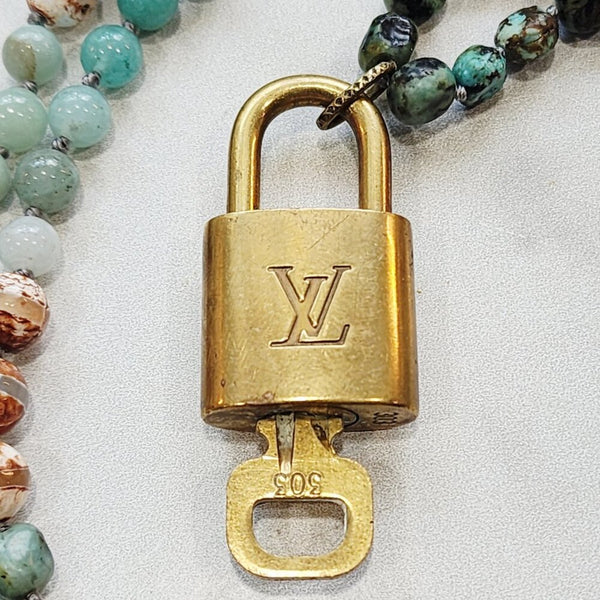 Louis Vuitton Gold Padlock with Key Repurposed Blue Earth Tone Beaded Statement Necklace