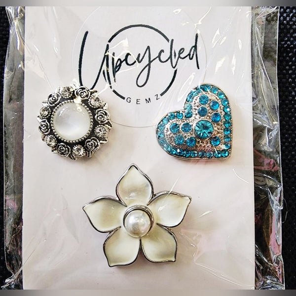 Interchangeable Snap Charm 3 Piece Set - Turquoise/White Heart/Floral Charms