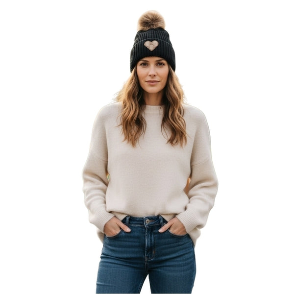 Black Knit Beanie with Faux Fur Pom and Heart Detail