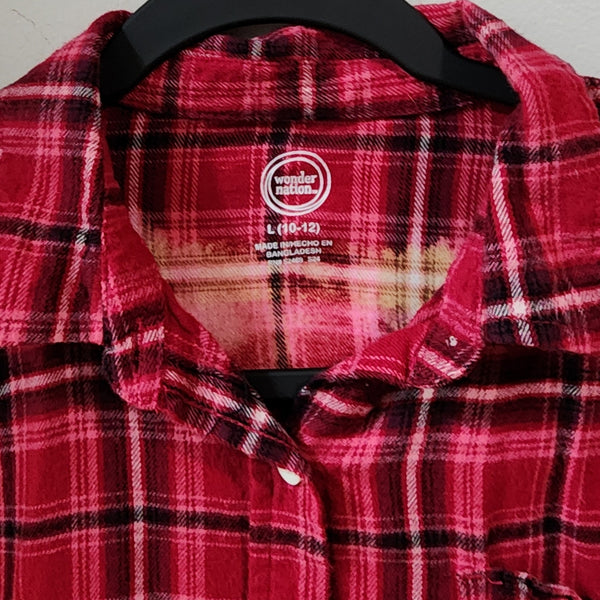 Stitch Custom Upcycled Bleached Kid's Plaid Flannel Red Shirt, 10-12