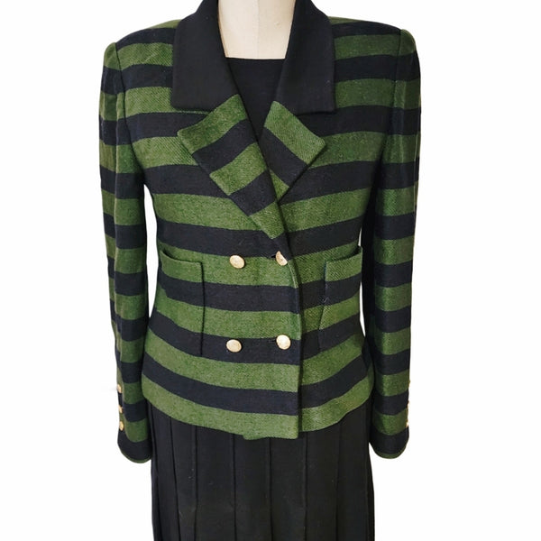 Chanel 3 Piece Co-Ord Set Green & Black Striped Blazer, Pleated Skirt & Knit Top, Size 8