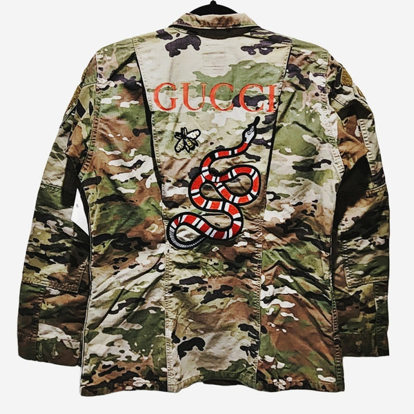 Upcycled Military Camouflage Field Jacket with Snake & Bee Details, M