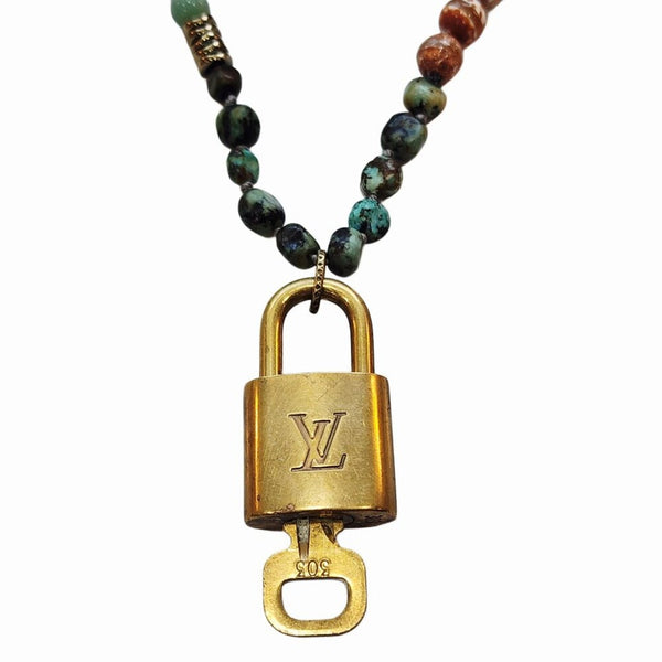 Louis Vuitton Gold Padlock with Key Repurposed Blue Earth Tone Beaded Statement Necklace
