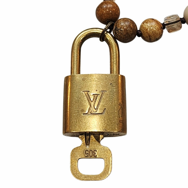 Louis Vuitton Gold Padlock & Key Repurposed Neutral Beaded Statement Necklace