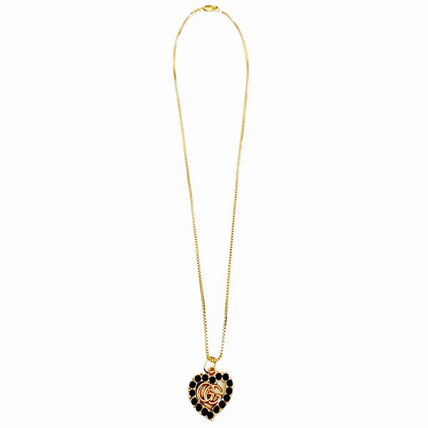 Repurposed Designer GG Black Rhinestone Heart Charm on 18K GF Chain