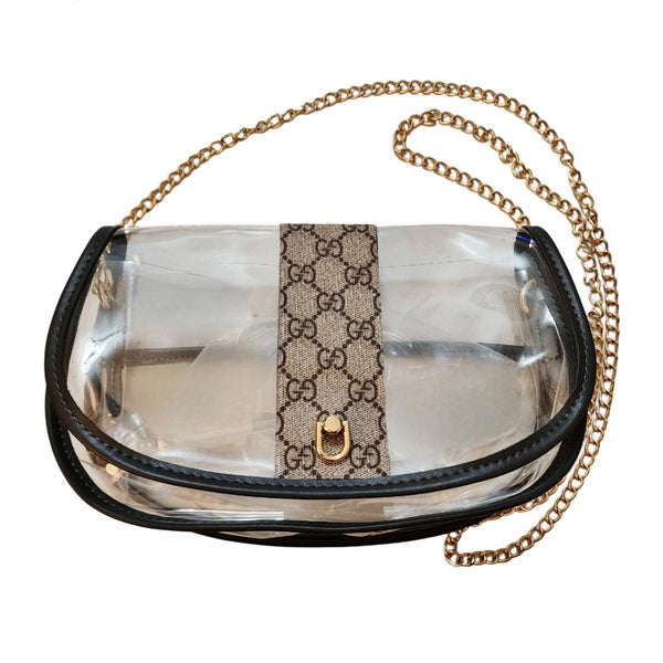 GG Repurposed Canvas Embellished Curved Crossbody Stadium Bag with Gold Chain