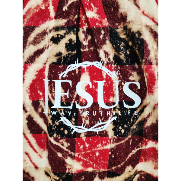 Jesus Way Truth Life Custom Upcycled Bleached Plaid Christian Shirt, 2X