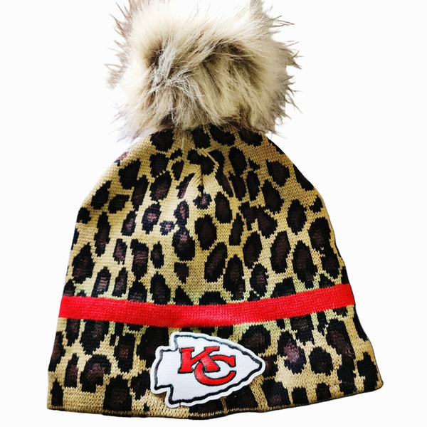 Kansas City Chiefs Embellished Sherpa Lined Leopard Print Pom-Pom Beanie