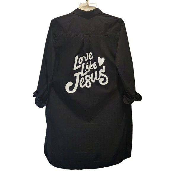 Love Like Jesus Custom Upcycled Long Black Cotton Smock Shirt Top, Small