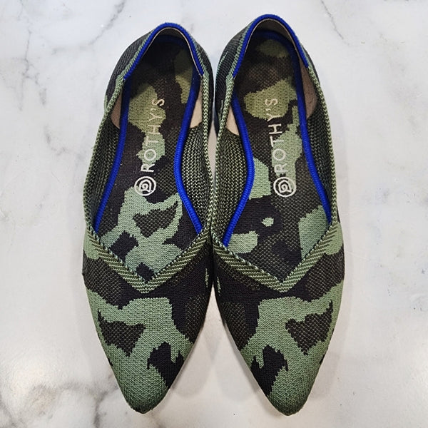 Rothy's Pointed Toe Camouflage Washable Flats Wiyh Blue & Orange Details, Size 9