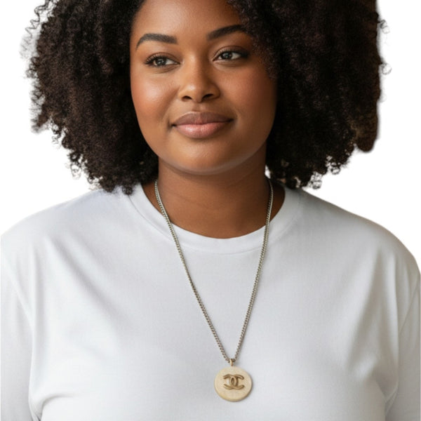 Pink & Silver Iridescent Large Button Pendant on 18K White Gold Filled Necklace