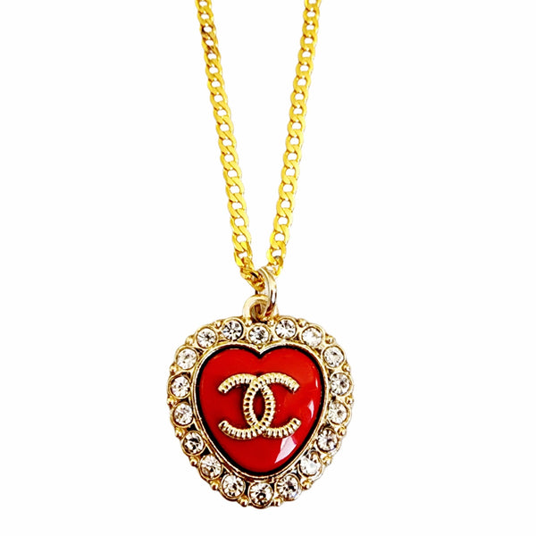 Repurposed Designer Charm in Red & Rhinestone on 24K GF Curb Chain