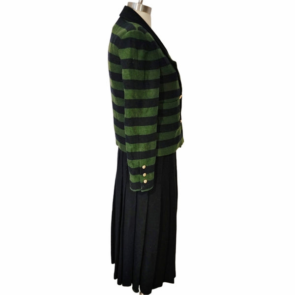 Chanel 3 Piece Co-Ord Set Green & Black Striped Blazer, Pleated Skirt & Knit Top, Size 8