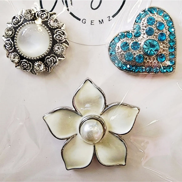 Interchangeable Snap Charm 3 Piece Set - Turquoise/White Heart/Floral Charms