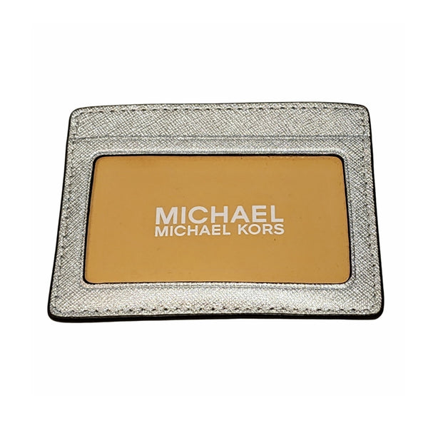 Michael Kors Jet Set Crosshatch Leather Card Holder In Silver