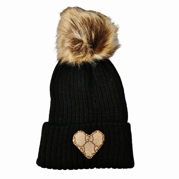 Black Knit Beanie with Faux Fur Pom and Heart Detail