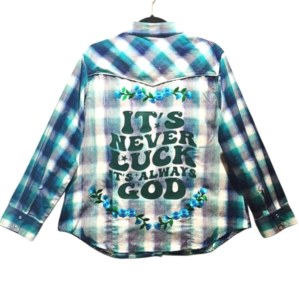 It's Never Luck It's Always God Custom Christian Upcycled Plaid Long Sleeve Snap Button Shirt, 1X
