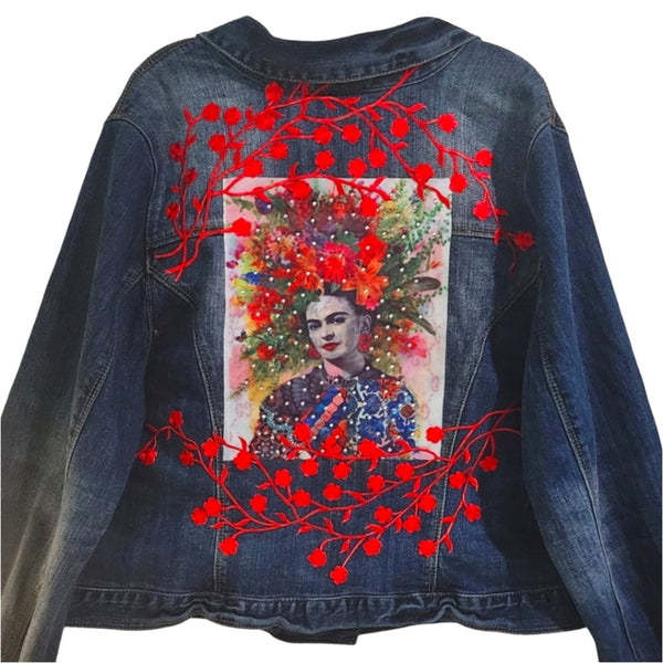 Frida Kahlo Floral Upcycled Custom Denim Jacket, Women's Size 16