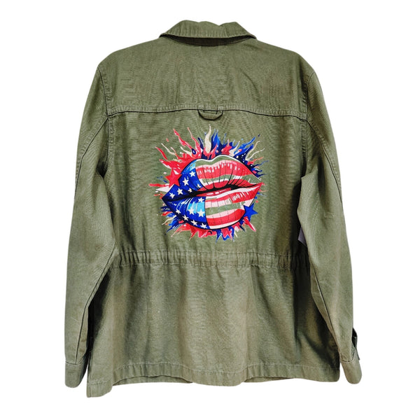 Patriotic Red, White & Blue Custom Lip on Repurposed Army Green Safari Jacket XL