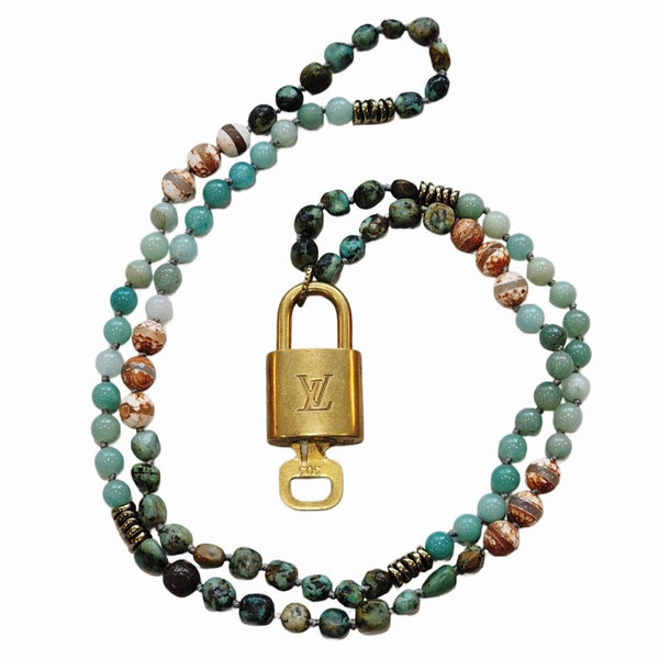 Louis Vuitton Gold Padlock with Key Repurposed Blue Earth Tone Beaded Statement Necklace