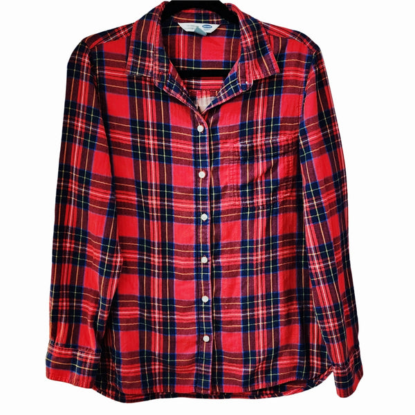 Ho Ho Ho Christmas Upcycled Bleached Red Plaid Lightweight Flannel Shirt, L