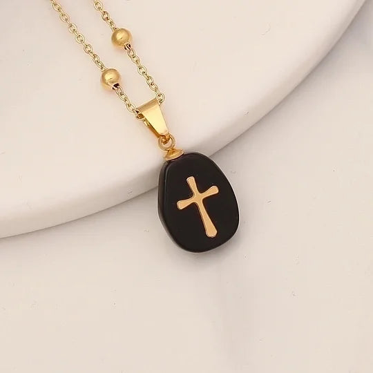 Retro Cross Stainless Steel Natural Agate Stone Satellite Chain Necklace