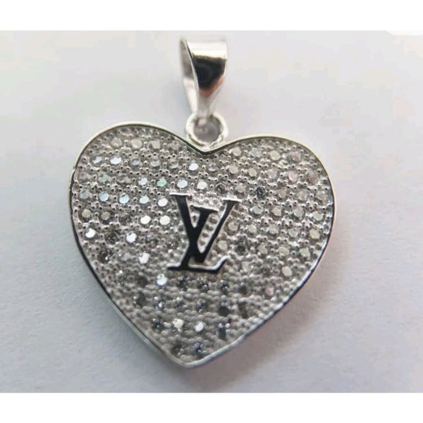 LV Rhinestone Silver Heart Charm on Stainless Steel Chain