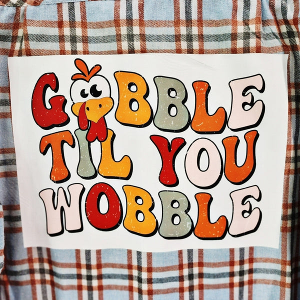 Gobble Til You Wobble Blue & Orange Custom Plaid Flannel Shirt, L