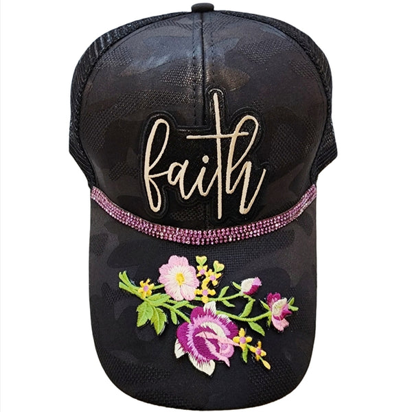 Faith Floral Handcrafted Black Camo Ponytsil Cap With Purple Rhinestones