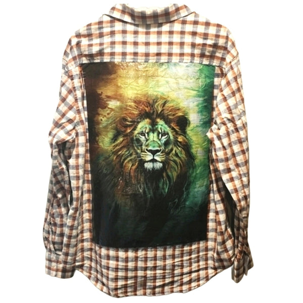 Lion of Judah Custom Christian Decoupaged Long Sleeve Brown Check Shirt, L/XL