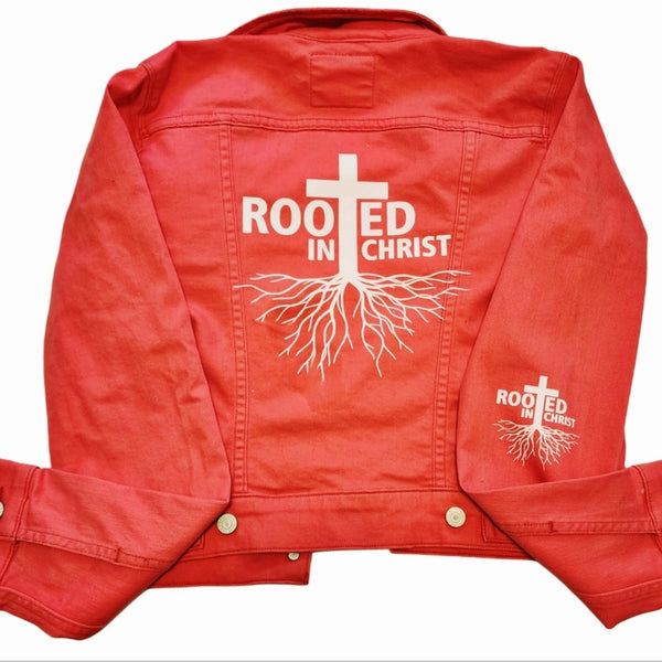 Rooted In Christ Red Custom Upcycled Jean Jacket, Women's M