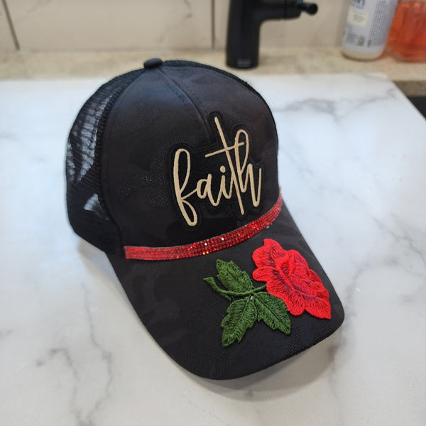 Faith Floral Handcrafted Black Camo Ponytail Cap With Red Rhinestones