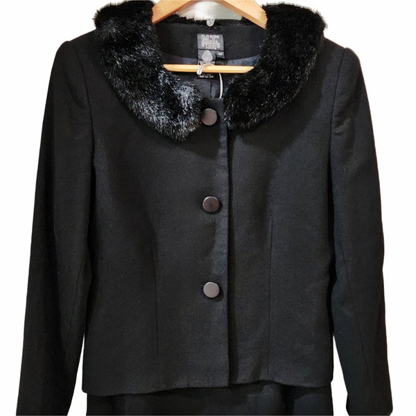 Vintage MT Studio Black 100% Wool Suit/Skirt Set w/Removable Faux Fur Collar, 6P