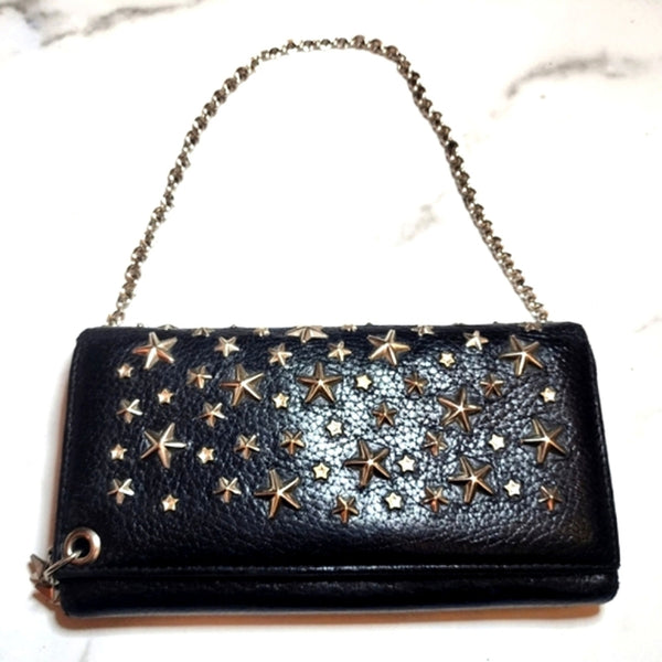 Authentic Jimmy Choo Black Leather Star Studded Wallet w/Shoulder Chain WOC