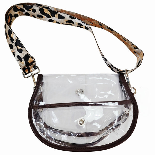 Curved Clear Stadium Bag in Black with Snap Charm & Leopard Crossbody Strap