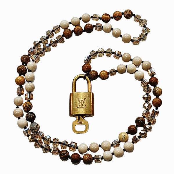 Louis Vuitton Gold Padlock & Key Repurposed Neutral Beaded Statement Necklace