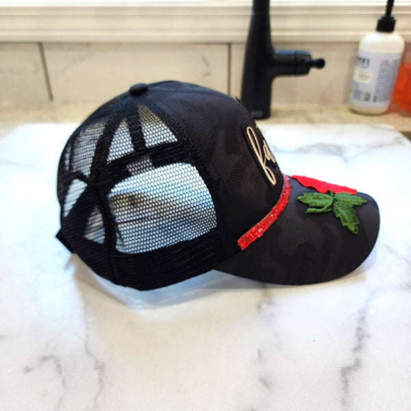 Faith Floral Handcrafted Black Camo Ponytail Cap With Red Rhinestones