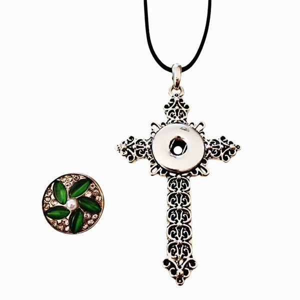 Interchangeable Snap Charm Cross Pendant on Leather Necklace