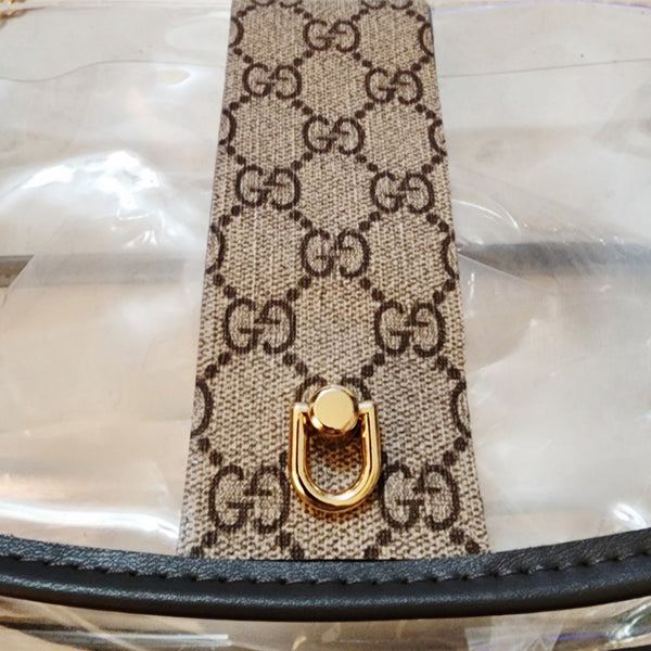 GG Repurposed Canvas Embellished Curved Crossbody Stadium Bag with Gold Chain