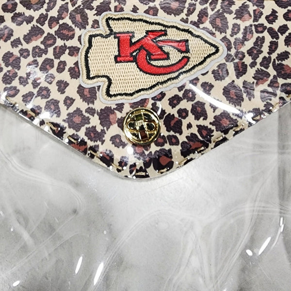 KC Chiefs Leopard Print Clear Stadiun Crossbody Bag With Removable Gold Chain