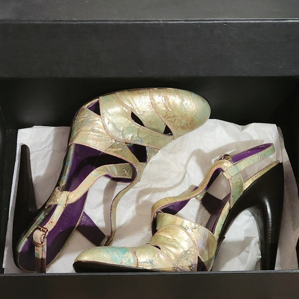 NIB Gianni Barbato Old Silver Rame Closed Toe Sling Back Heels