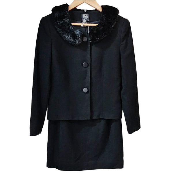Vintage MT Studio Black 100% Wool Suit/Skirt Set w/Removable Faux Fur Collar, 6P