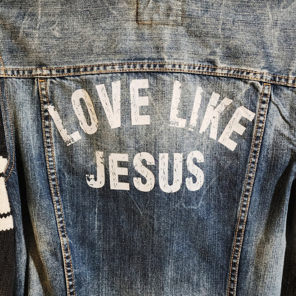 Love Like Jesus Custom Upcycled Guess Knit Sleeves Denim Jacket, S