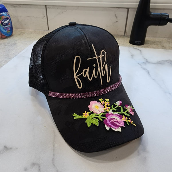 Faith Floral Handcrafted Black Camo Ponytsil Cap With Purple Rhinestones