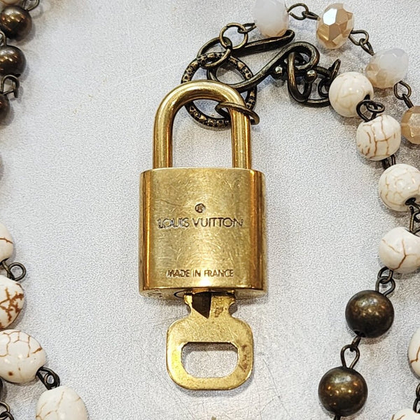 Louis Vuitton Gold Padlock & Key Repurposed Neutral Beaded Statement Necklace