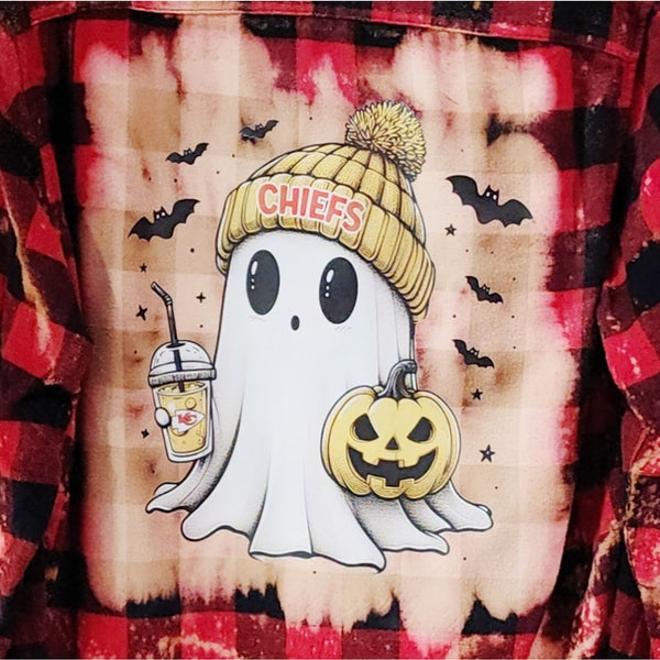 KC Chiefs Custom Ghost Upcycled Buffalo Plaid Flannel Shirt, Women's M